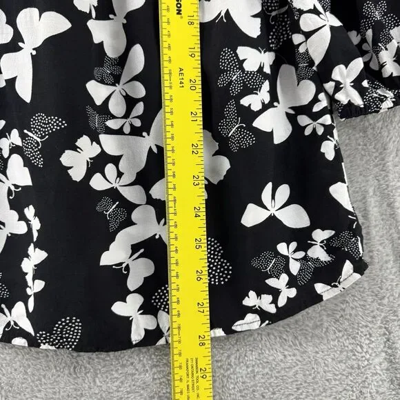 Talbots Top Womens L Black Butterfly Smocked Scoop Neck 3/4 Sleeves Elastic Cuff - Picture 11 of 15